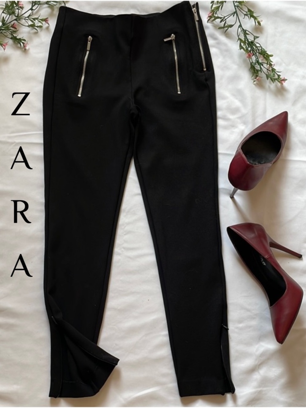 Zara Trafaluc Black Ankle Pants Gold Zipper Details Stretch Trousers Skinny S